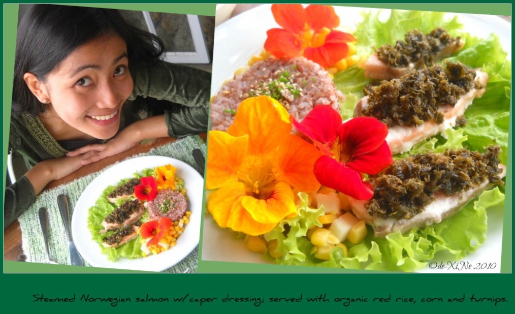 Eve's Garden steamed Norwegian salmon with caper dressing