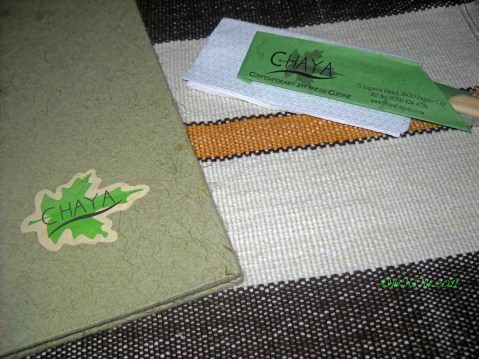 Chaya Restaurant 2011 Chaya menu and chopsticks