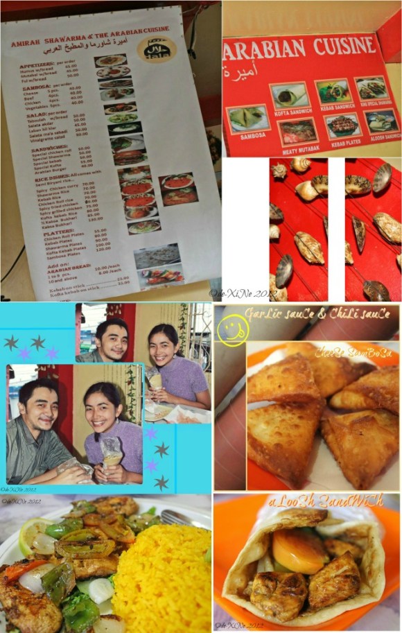 Amirah's menu, sambosa, aloosh sandwich, spicy grilled chicken and us