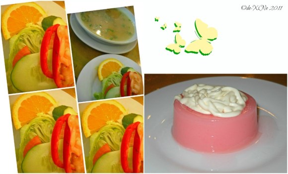 Tender Joe's Steakhouse soup, salad and gelatin dessert