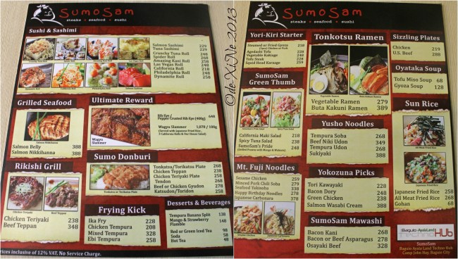 Sumo Sam menu