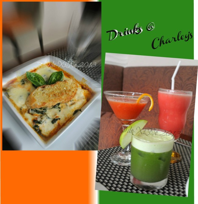 C Boutique Hotel spinach and mushroom lasagna and Charley's health mix drinks and a watermelon shake
