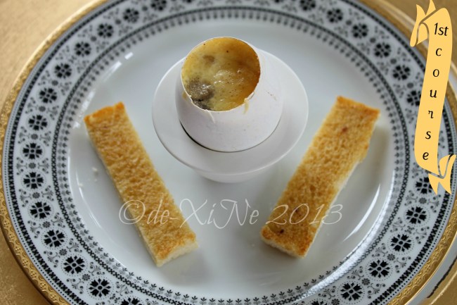 Mama's Table 2013 Mama's Table amuse caramelized onions with sauteed mushroom, gruyere cheese and truffle custard baked in the eggshell served with anchovy buttered finger toasts