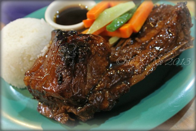 Beggang Resto Grill combo meal D, pork spare ribs in barbeque sauce served with buttered veggies and rice