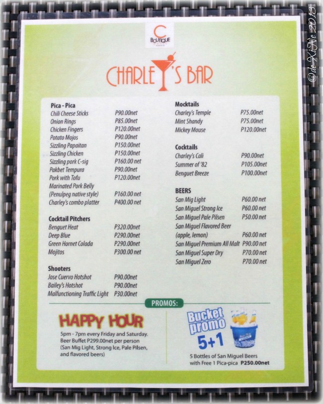 Charley's Bar menu at C Boutique Hotel