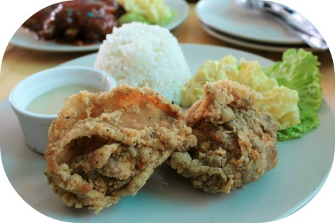 Grumpy Joe Baguio house fried chicken with rice and potato salad