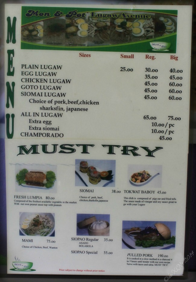 Mon & Pot Lugaw Avenue Baguio menu 2014