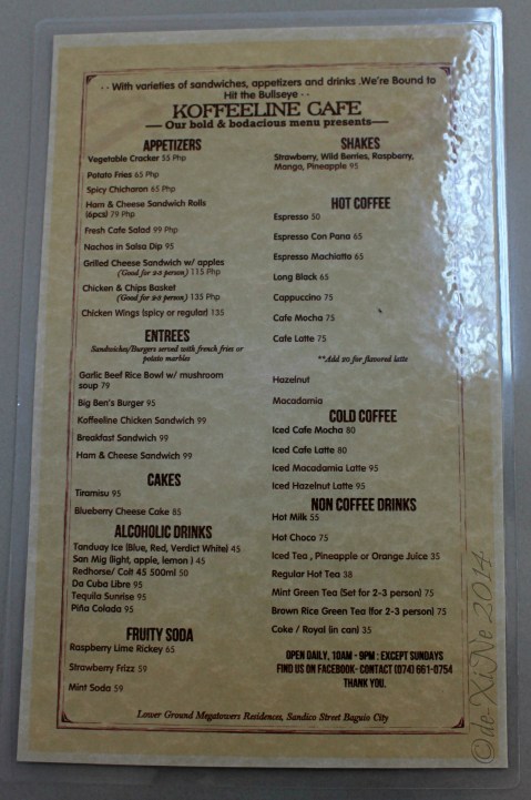 2014-09-11 Koffeeline Coffeeshop at MegaTower Residences Baguio menu