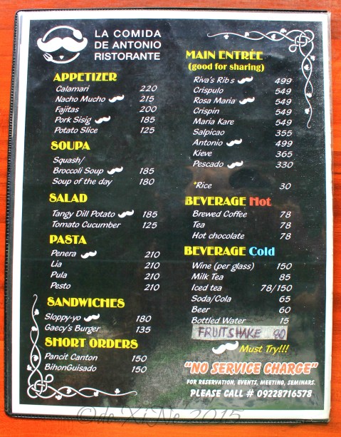 Baguio La Comida de Antonio Ristorante 2015 menu