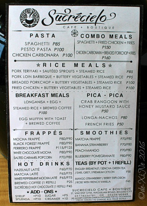2016-03-07 Baguio Sucrecielo Cafe and Boutique menu