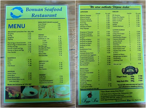 2016-03-14 Baguio Bonuan Seafood Restaurant at Iggy's Inn menu