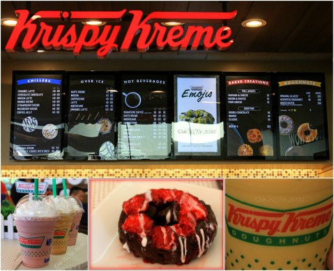 2016-07-22 Baguio second Krispy Kreme branch menu drinks - wildberry kreme mocha latte mango kreme and Baguio exclusive double chocolate strawberry cake doughnut
