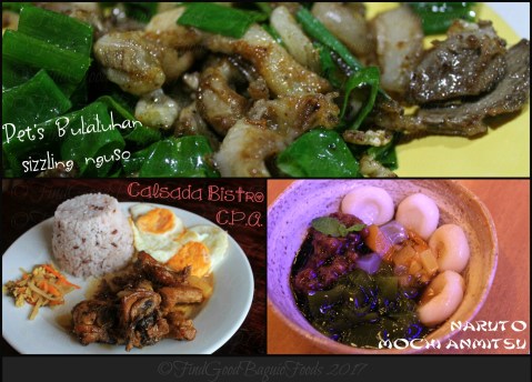 Baguio Pet's Bulaluhan sizzling nguso, Calsada Bistro chicken pork adobo, Naruto Japanese Restaurant mochi anmitsu