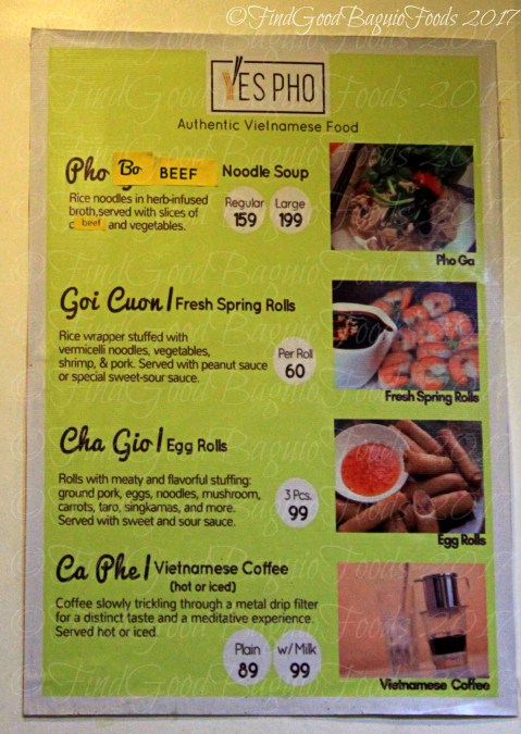 Baguio Yes Pho authentic Vietnamese food menu