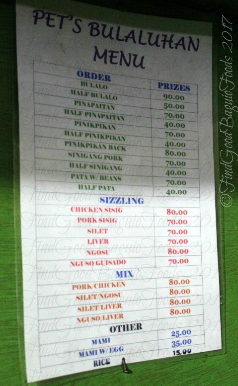 Baguio Pet's Bulaluhan menu