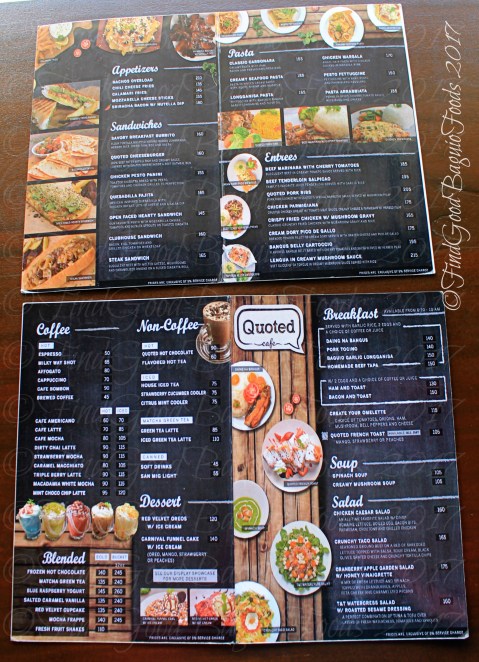 Baguio Quoted Cafe menu at V Hotel Apartel 2017