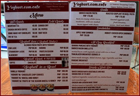 Baguio Yoghurt.com Cafe menu 2017