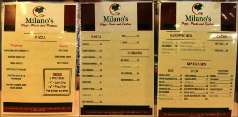 Baguio Milano's Pizza, Pasta and Pastries menu 2017