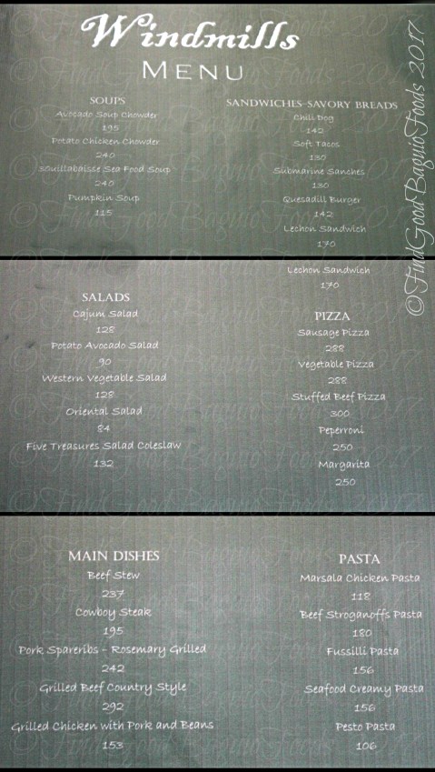 Baguio Windmills Restaurant menu 2017