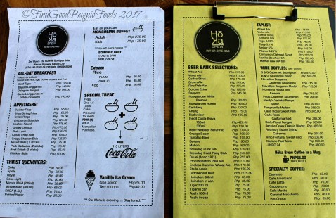 Baguio Hoka Brew at The Podium Boutique Hotel menu 2017
