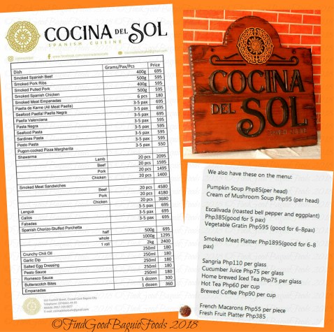 Baguio Cocina del Sol menu 2018