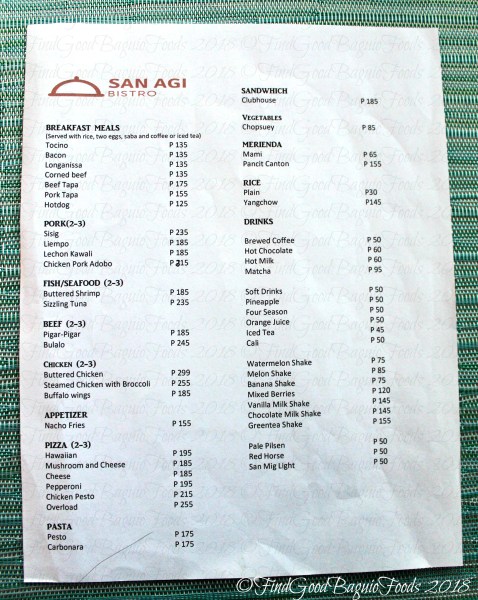 Baguio San Agi Bistro at Stone Terrace Lodge menu 2018
