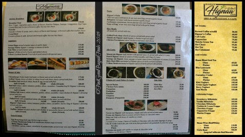 Baguio Bahay Hignaw Cafe menu 2018