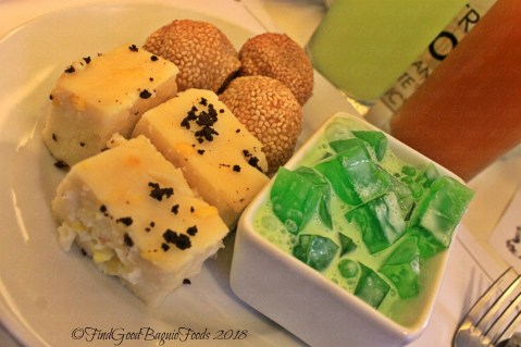 Baguio Aura 1 Hotel inhouse restaurant buchi, maja blanca, and buko pandan, lemon cucumber and iced tea for drinks 2018