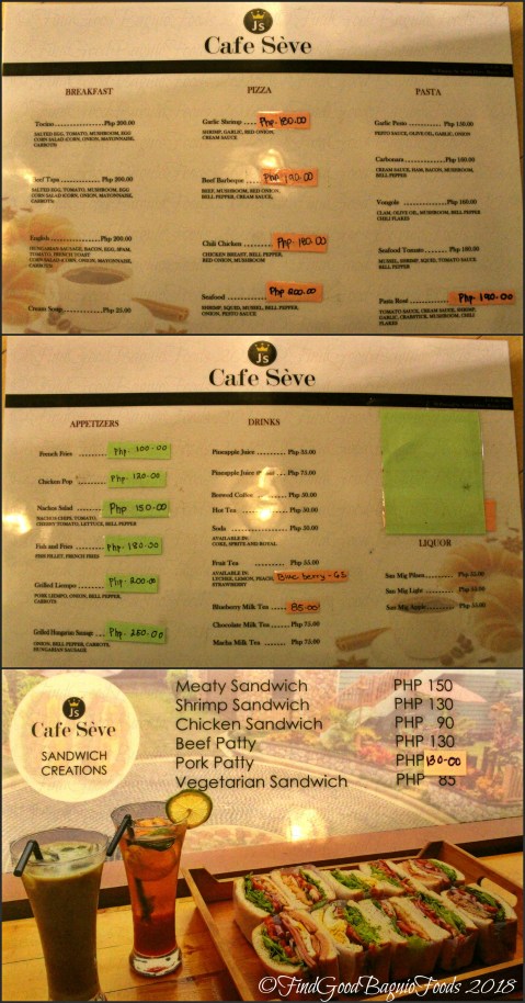 Baguio J's Cafe Seve at St. Patrick Village menu 2018
