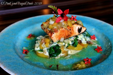 Baguio Flower Cafe at Villa Romana grilled salmon on bed of camote, gabi and spinach 2018