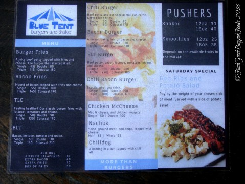 Baguio Blue Tent Burgers and Shake 2018 menu