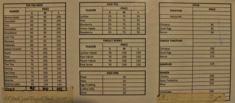 Baguio Homie's Milk Tea and Takoyaki 2019 menu