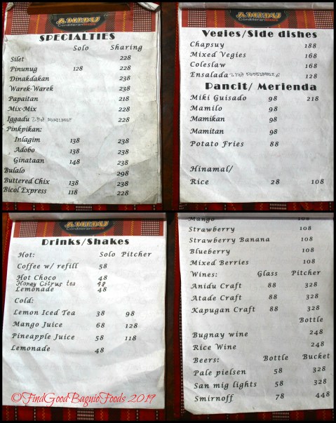 Baguio Anidu Cordilleran Bistro 2019 menu