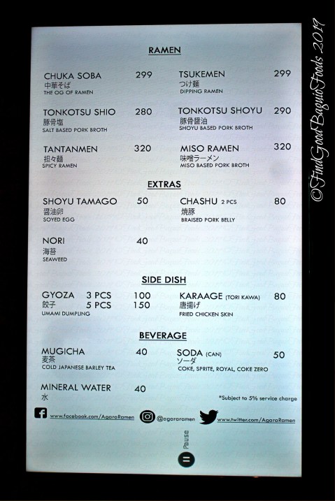 Baguio Agara Ramen 2019 menu